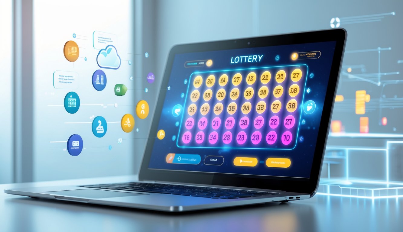 Seseorang menggunakan laptop dengan tampilan permainan togel online di layar, dikelilingi ikon digital yang melambangkan fitur dan keamanan.