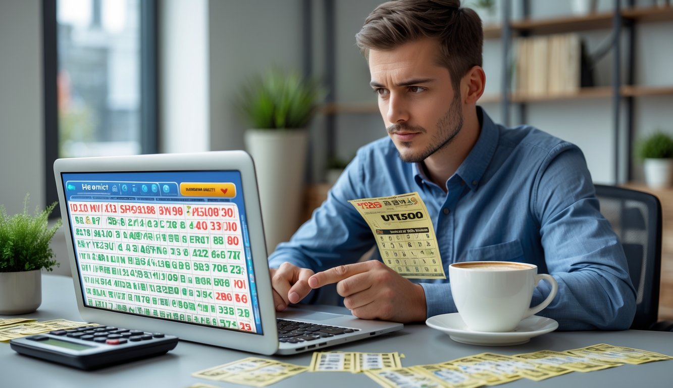 Seorang pria muda duduk di meja dengan tiket lotre dan laptop, terlihat fokus menganalisis angka untuk meningkatkan peluang menang.