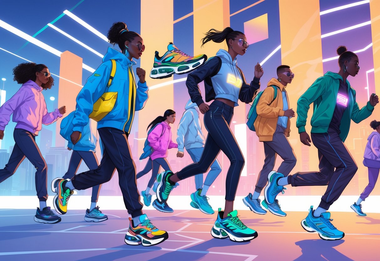 A group of people wearing futuristic and colorful sneakers with chunky soles and glowing accents, walking and running in a modern city environment.