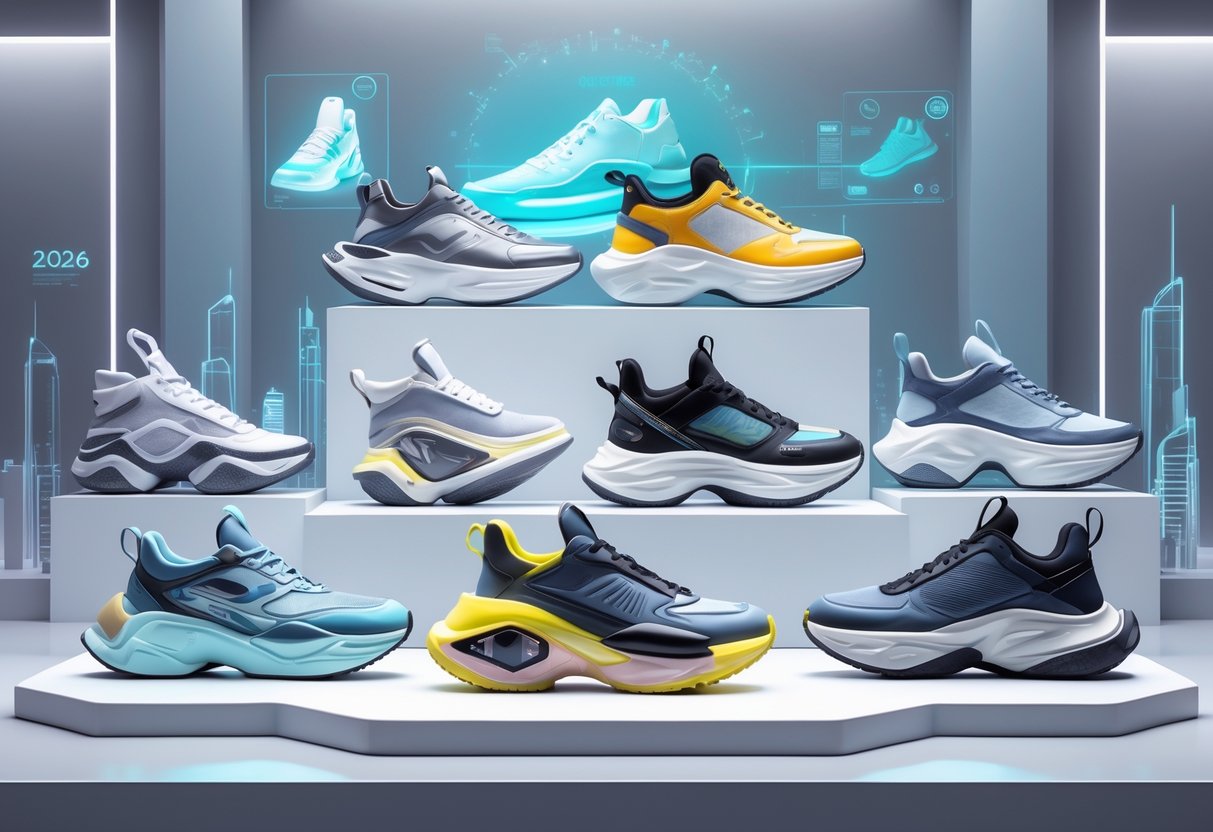 A display of various futuristic sneakers with bold designs and glowing accents arranged in a modern gallery setting.
