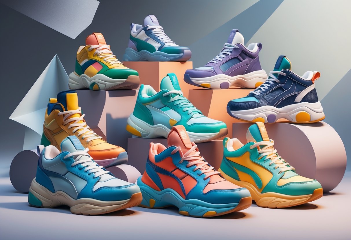 A collection of colorful sneakers with classic shapes and modern details displayed against a simple abstract background.