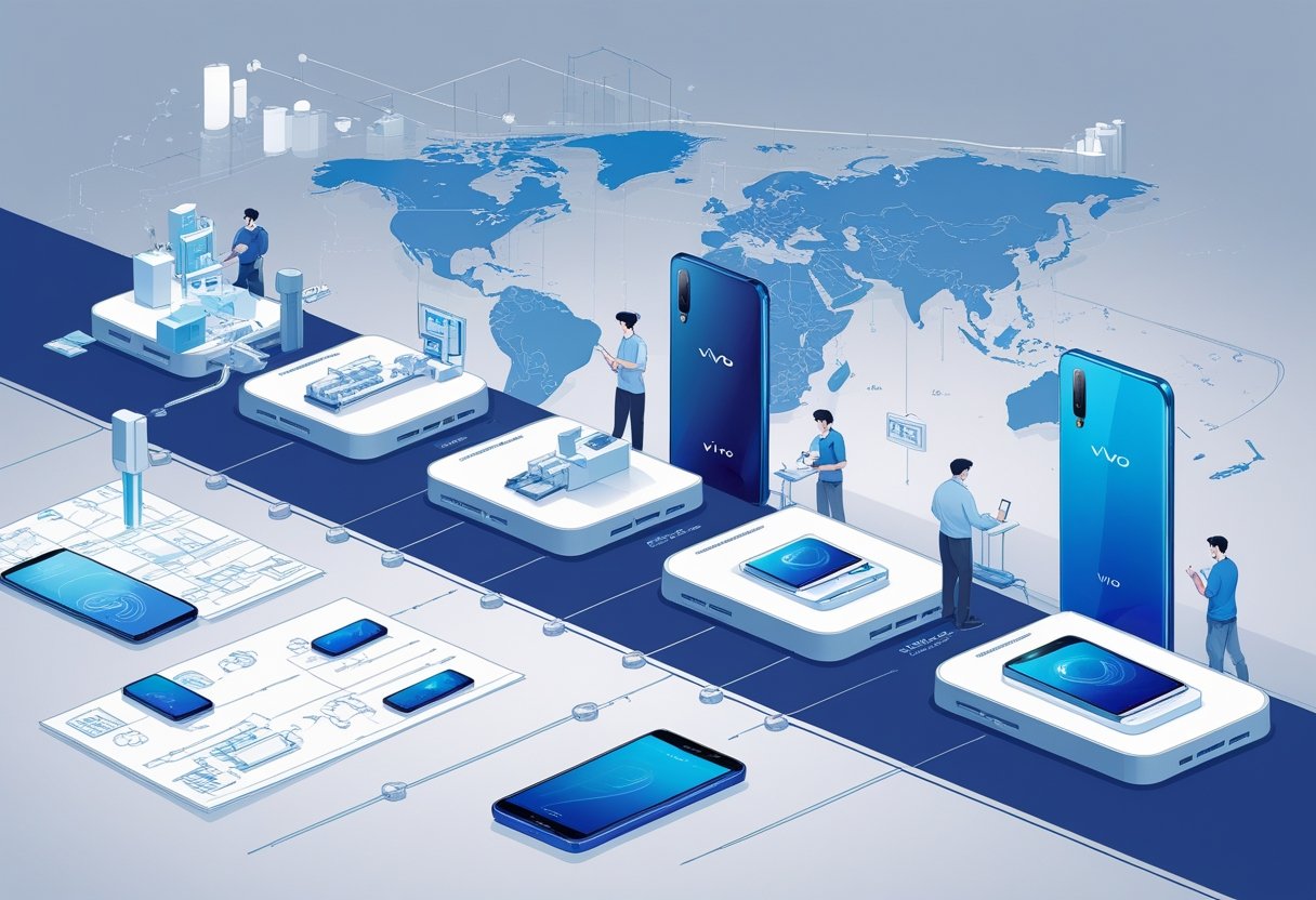 Ilustrasi yang menunjukkan perjalanan dan sejarah brand handphone Vivo dengan gambar ponsel dari masa ke masa, para insinyur bekerja, pabrik perakitan, dan peta dunia.