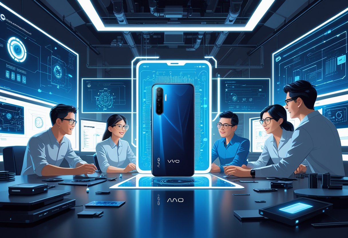 Ilustrasi profesional yang menunjukkan para insinyur dan desainer bekerja sama di laboratorium dengan prototipe ponsel Vivo dan layar digital yang menampilkan diagram teknologi.