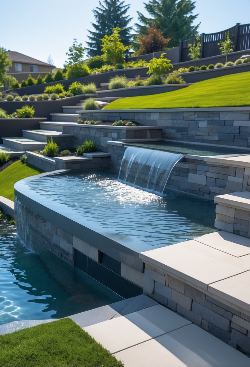 Backyard with an infinity-edge pool overlooking a terraced sloped garden with stone walls, plants, and steps.