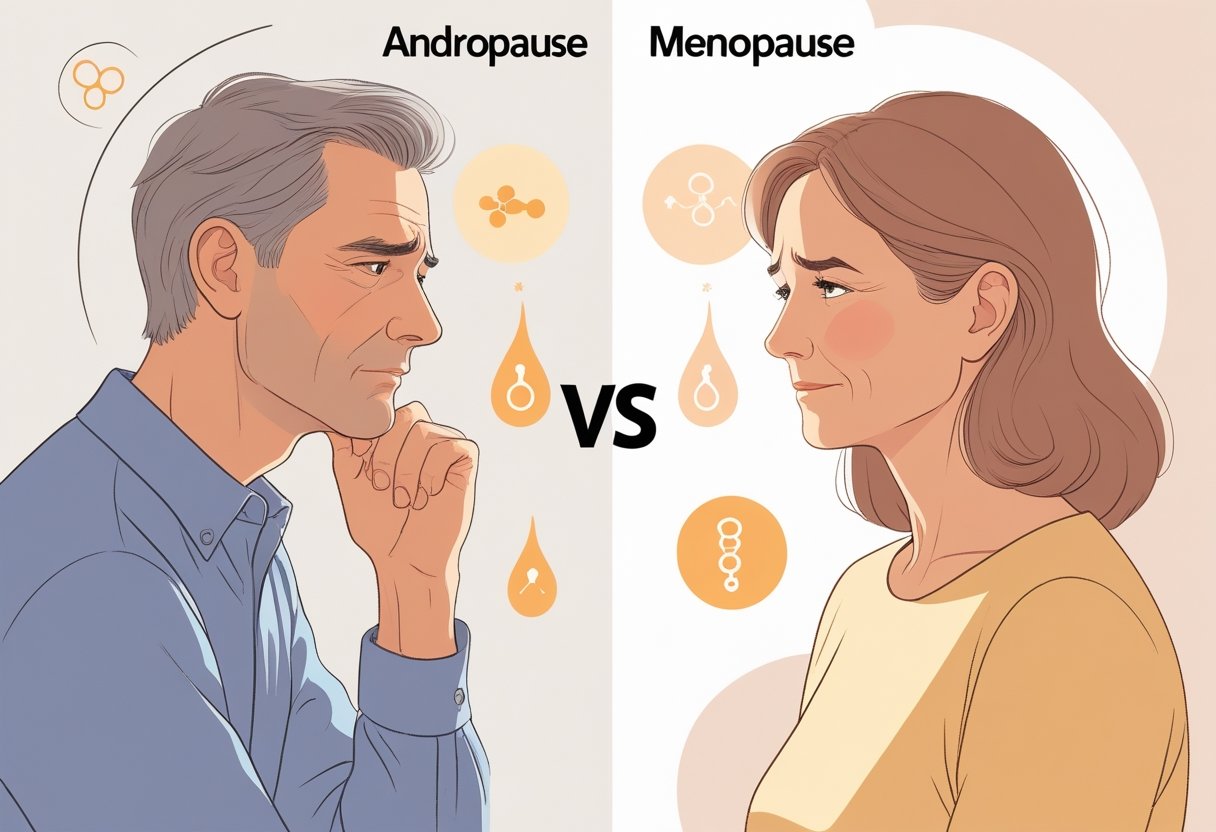 Un hombre y una mujer de mediana edad uno al lado del otro, mostrando diferencias emocionales y físicas relacionadas con la andropausia y la menopausia.