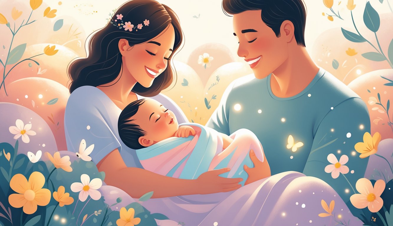 Obitelj nježno drži novorođenče u toploj i radosnoj atmosferi, okruženi cvijećem i simbolima novog života.