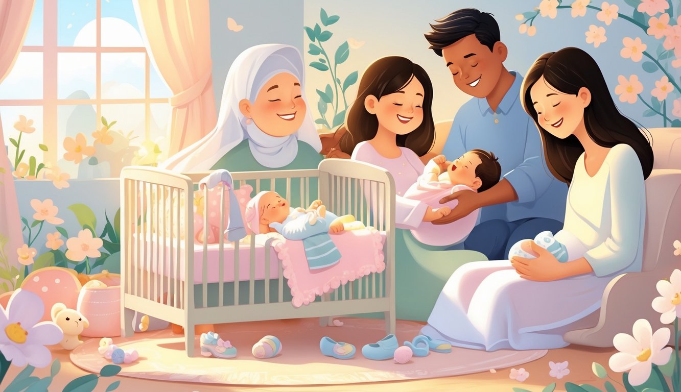Obiteljska scena u dječjoj sobi s roditeljima i novorođenčetom u krevetiću, okruženi cvijećem i dječjim igračkama.