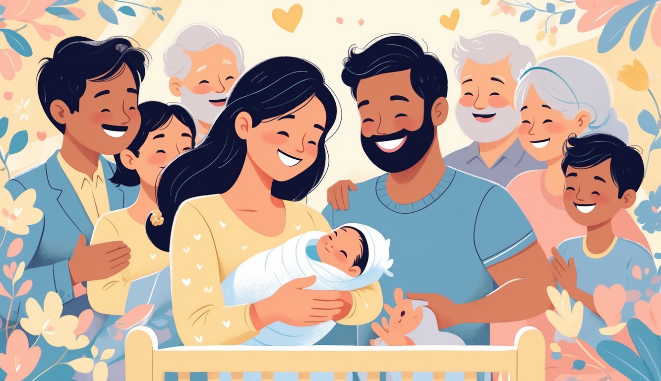 Obiteljska scena s roditeljima koji drže novorođenče, okruženi sretnim članovima obitelji u toplom i ugodnom okruženju.