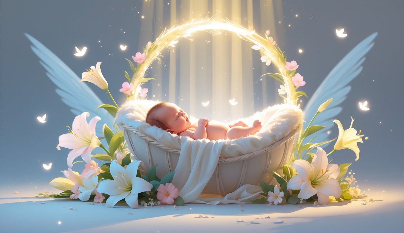 Ljuljačka s novorođenčetom okružena nježnim cvijećem i mekanim svjetlosnim efektima koji simboliziraju radost i duhovnost rođenja djeteta.