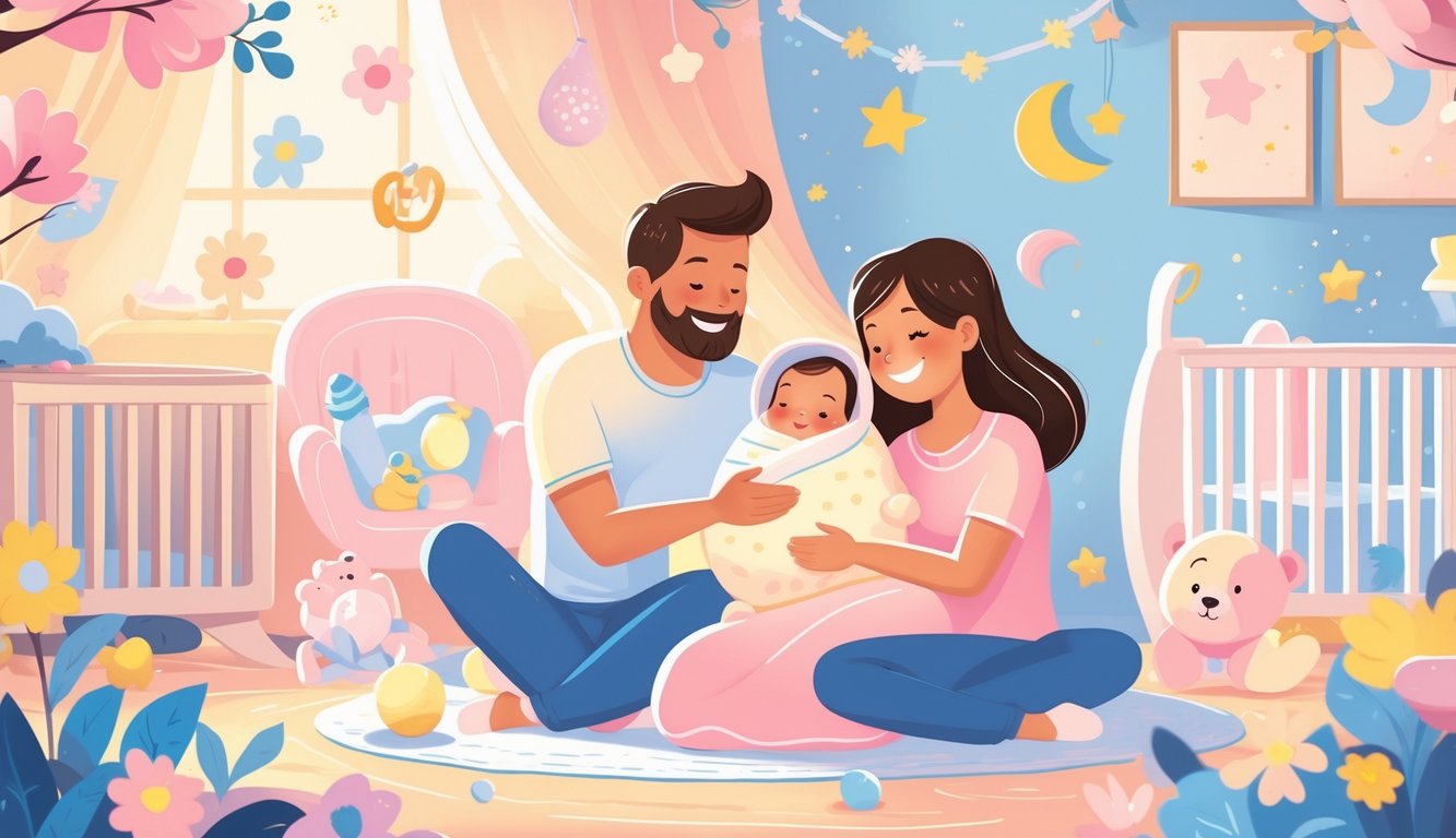 Sretna obitelj s novorođenčetom u toploj i nježnoj dječjoj sobi s igračkama i cvijećem.