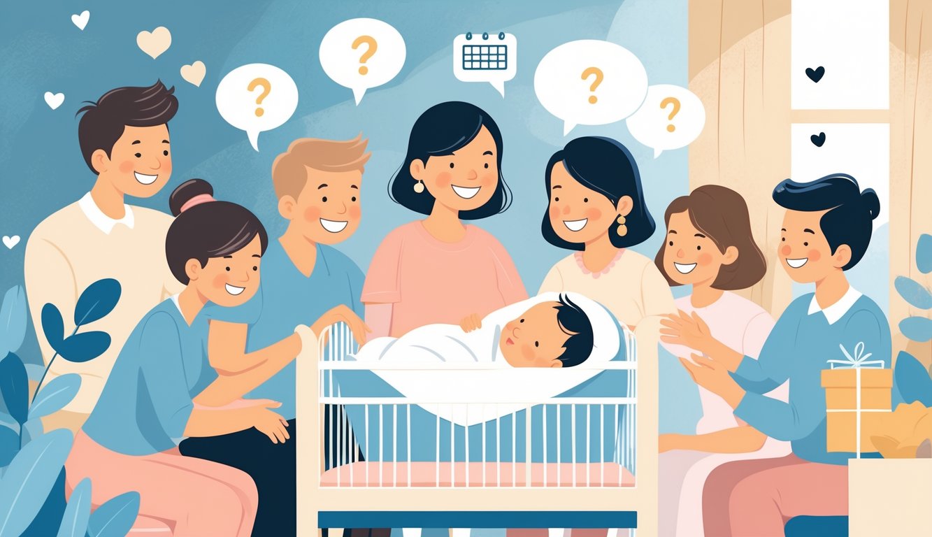 Obitelj okupljena oko novorođenčeta u toploj sobi, svi sretni i nježni prema bebi.