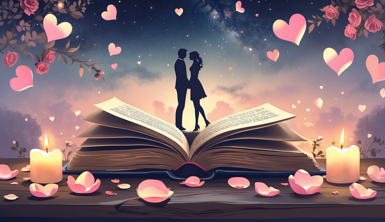 Par drži ruke pod zvjezdanim nebom uz stol s otvorenom knjigom i latice ruža.