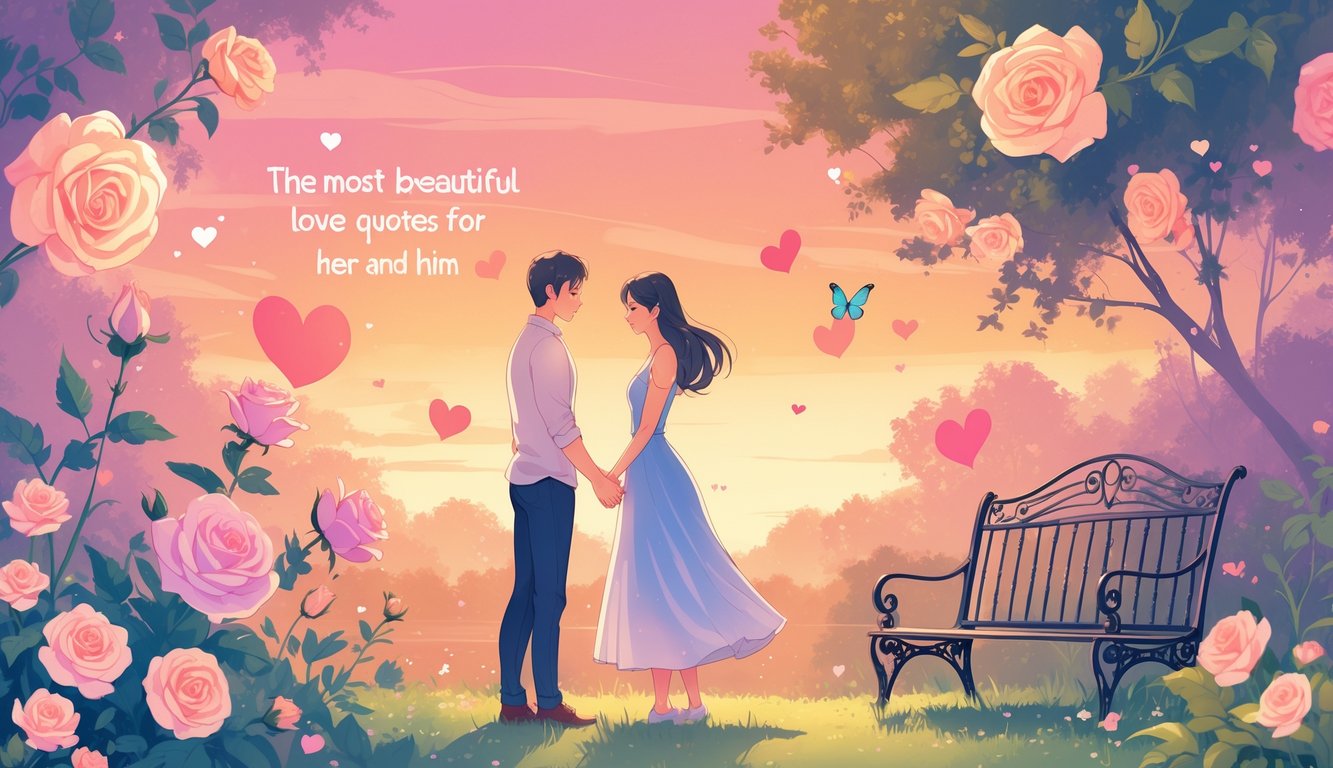 Par koji drži ruke u mirnom vrtu tijekom zalaska sunca, okružen cvijećem i leptirima.