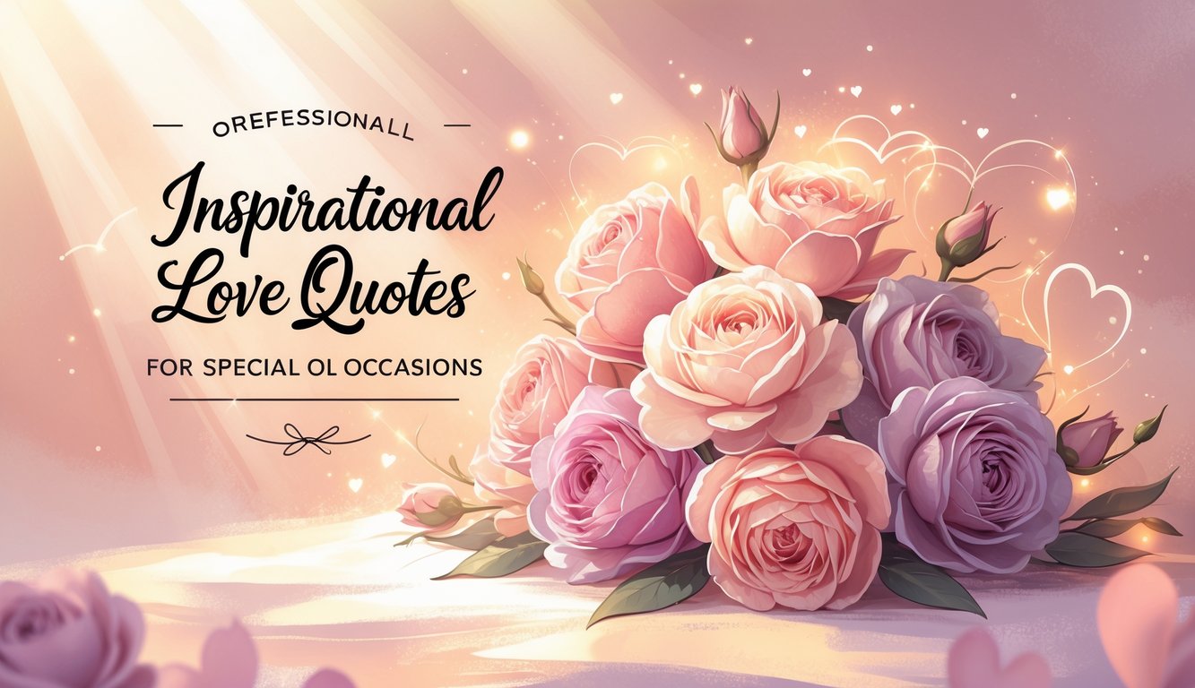 Delikatni buket ruža i božura na toploj pozadini s nježnim svjetlom i apstraktnim srcima.