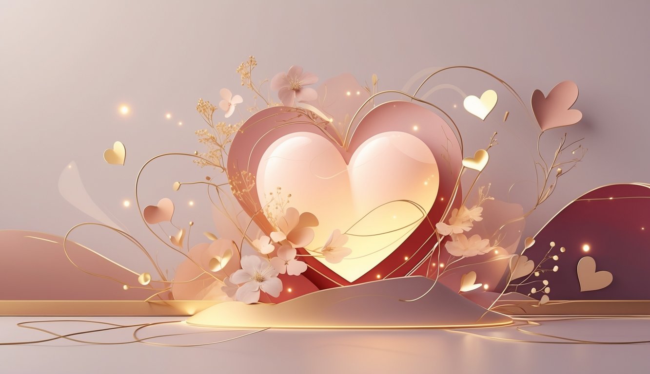 Ilustracija srca okruženog cvjetnim uzorcima i apstraktnim oblicima koji simboliziraju ljubav i povezanost.