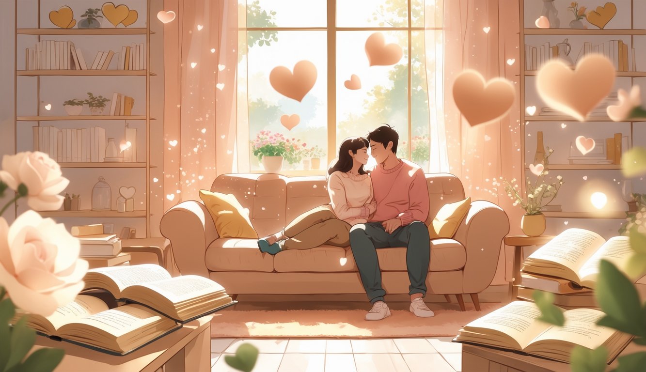 Par sjedi zajedno u dnevnoj sobi, okružen toplim svjetlom i simbolima ljubavi, u mirnom i ugodnom okruženju.