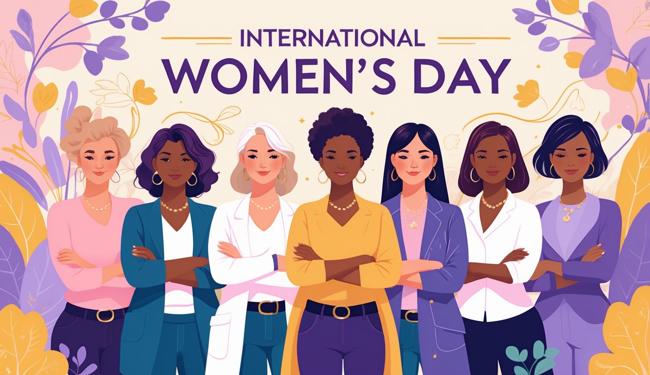 Grupa raznolikih žena koje stoje zajedno u znak jedinstva i proslave Dana žena, okružene suptilnim cvjetnim motivima i toplim bojama.