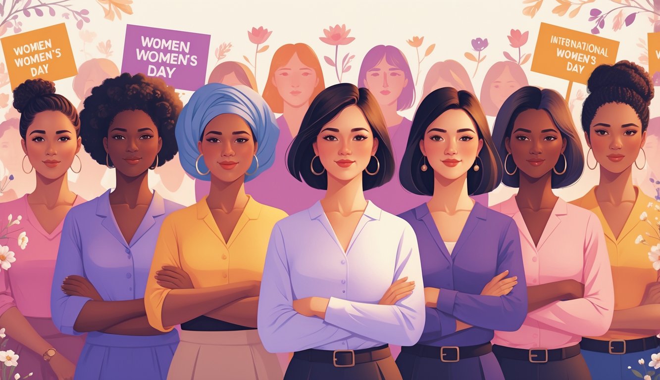 Skupina različitih žena koje stoje zajedno u znak jedinstva, s povijesnim elementima pokreta za prava žena u pozadini.