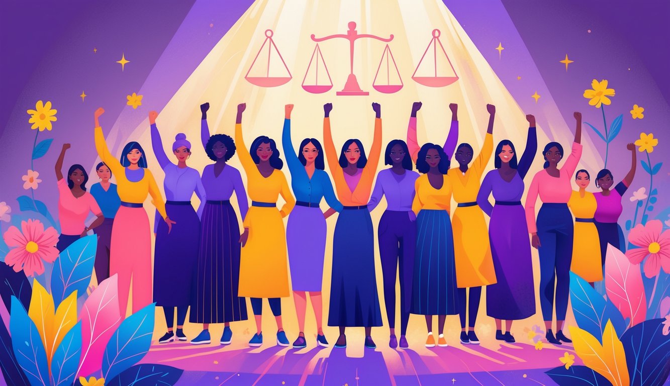 Skupina različitih žena stoji zajedno u znak solidarnosti, okružene simbolima poput cvijeća i vaga, predstavljajući žensku emancipaciju i prava.