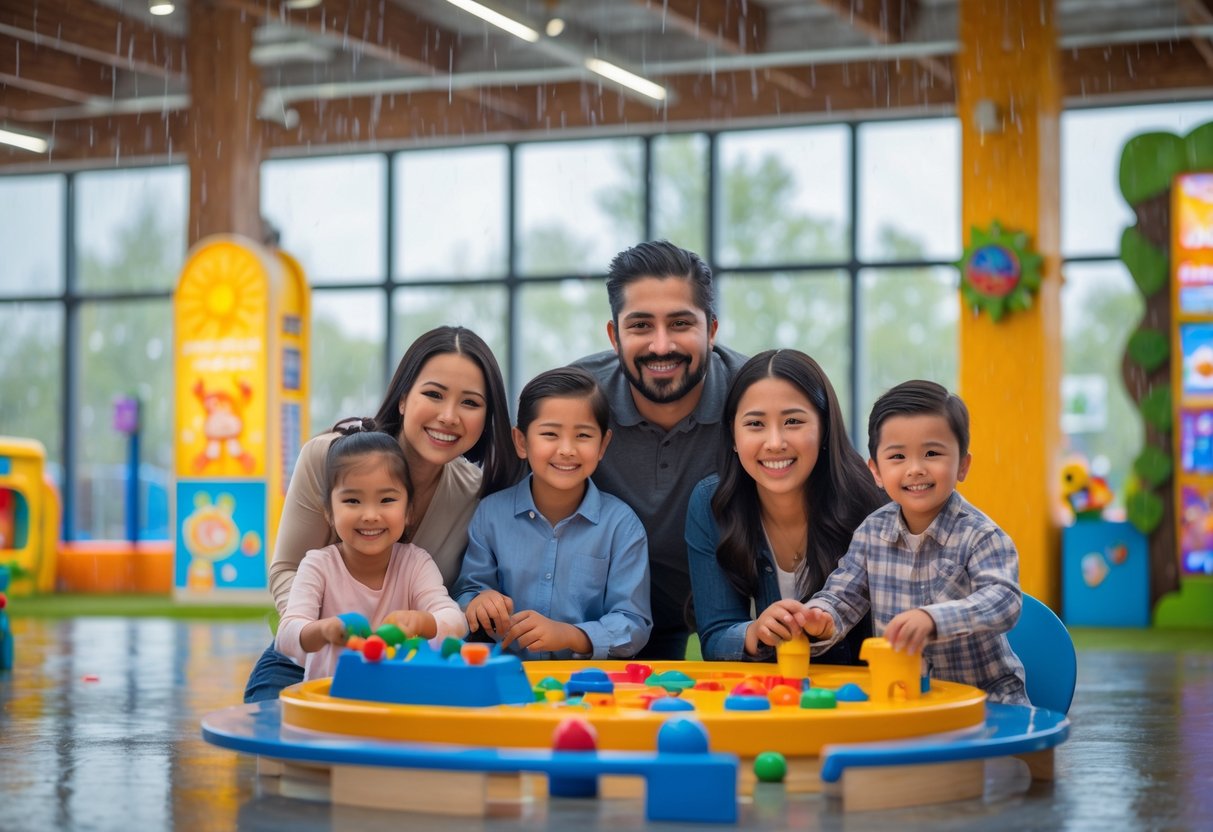 A family enjoying interactive exhibits and play areas inside a bright indoor attraction while it rains outside.