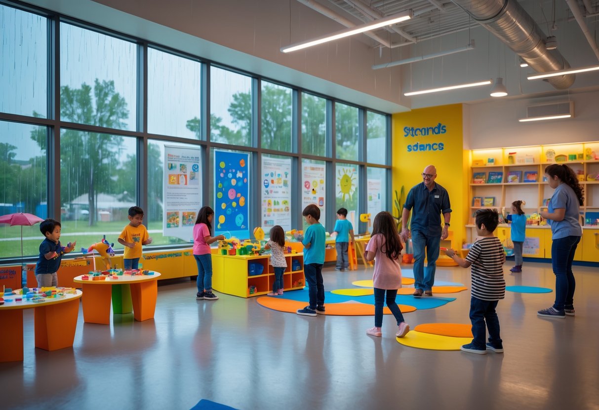Children and adults engaged in educational activities inside a bright room with large windows showing rain outside.