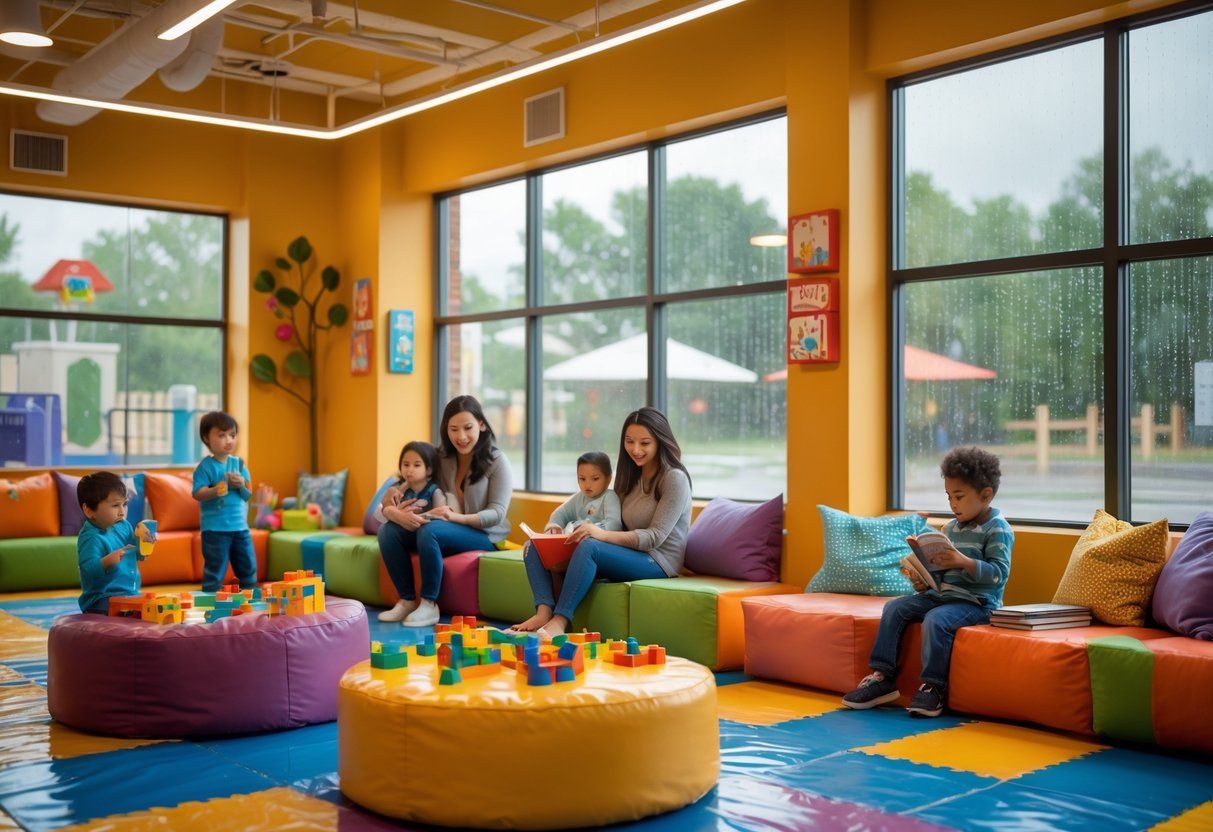 Children playing and relaxing in a bright indoor family play area with cozy seating and large windows showing rain outside.