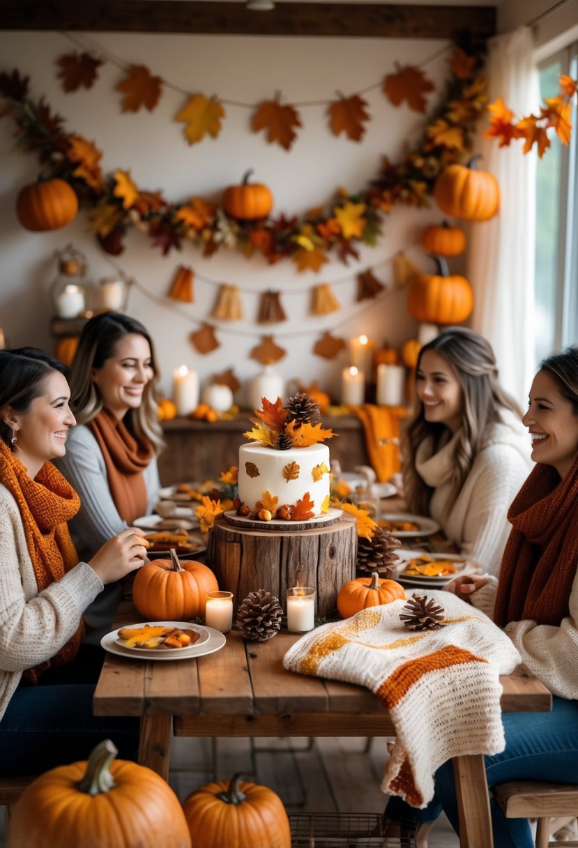 A cozy indoor baby shower decorated with pumpkins, fall leaves, candles, and guests enjoying the celebration.