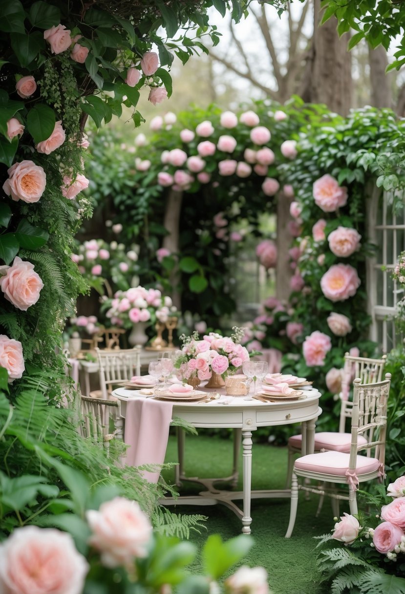 An outdoor garden decorated with soft pink flowers and green plants, featuring a table set for a baby shower celebration.