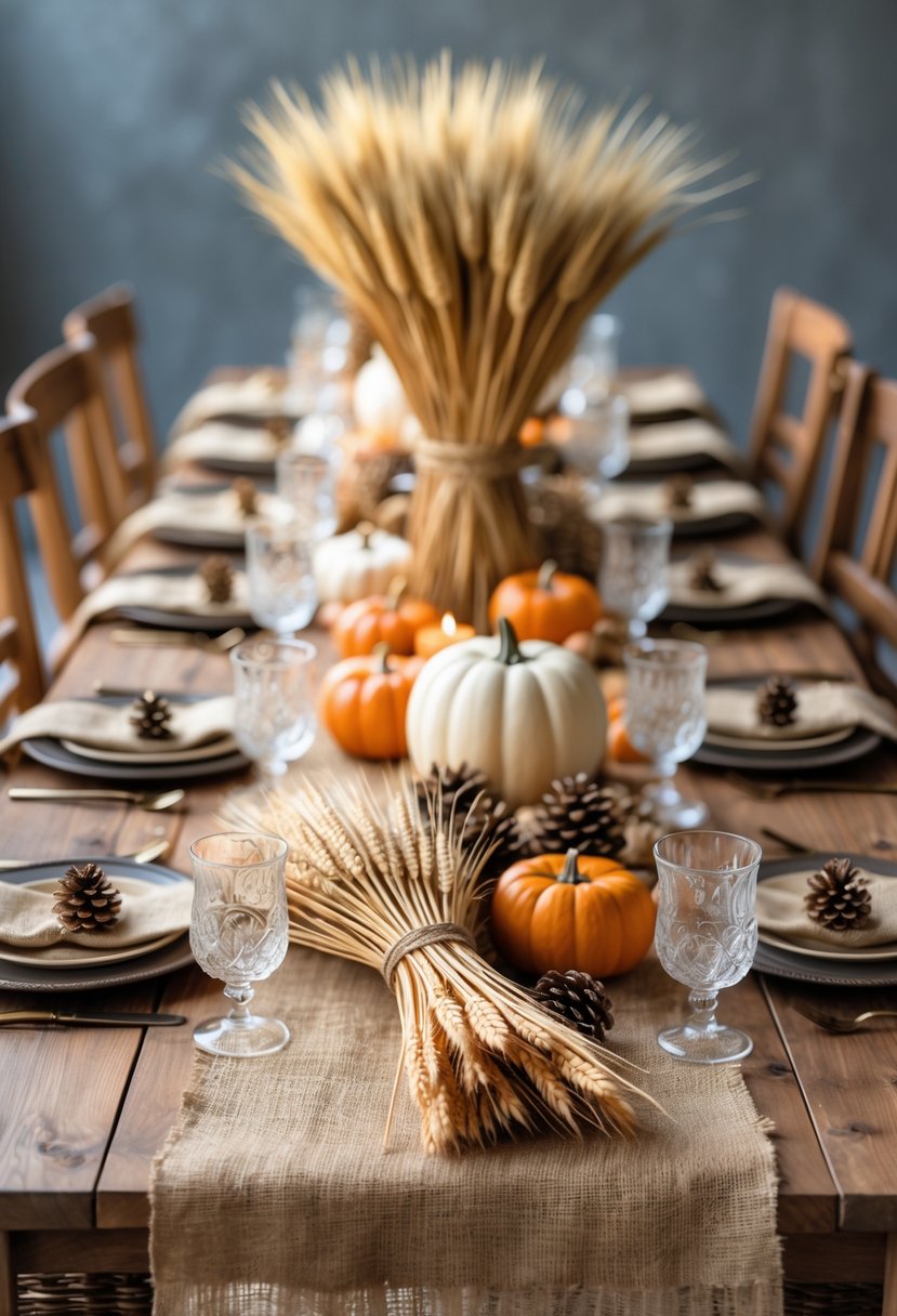 A wooden table decorated with burlap, dried wheat, small pumpkins, pinecones, and candles for a fall baby shower.
