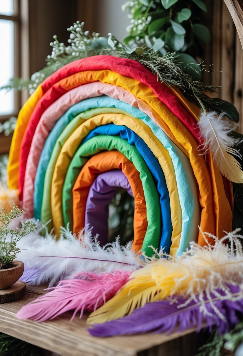 A colorful baby shower setup with a rainbow decoration and feathers surrounded by natural elements.