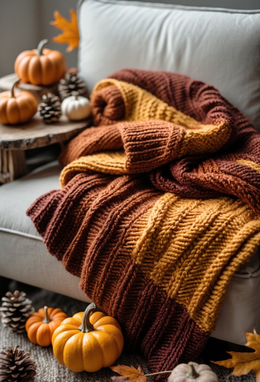 A cozy knit blanket in autumn colors surrounded by small pumpkins, pinecones, dried leaves, and baby toys on a rustic wooden surface.