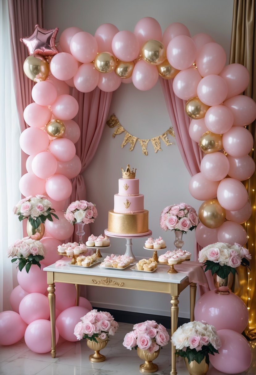A decorated baby girl shower setup with pink and gold balloons, a tiered cake with a crown topper, floral arrangements, and festive decorations.