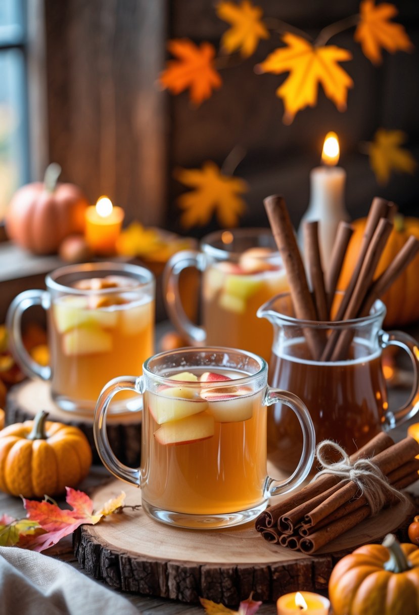 A wooden table with mugs of steaming apple cider garnished with cinnamon sticks, a pitcher of spiced syrup, cinnamon bundles, pumpkins, and autumn leaves.