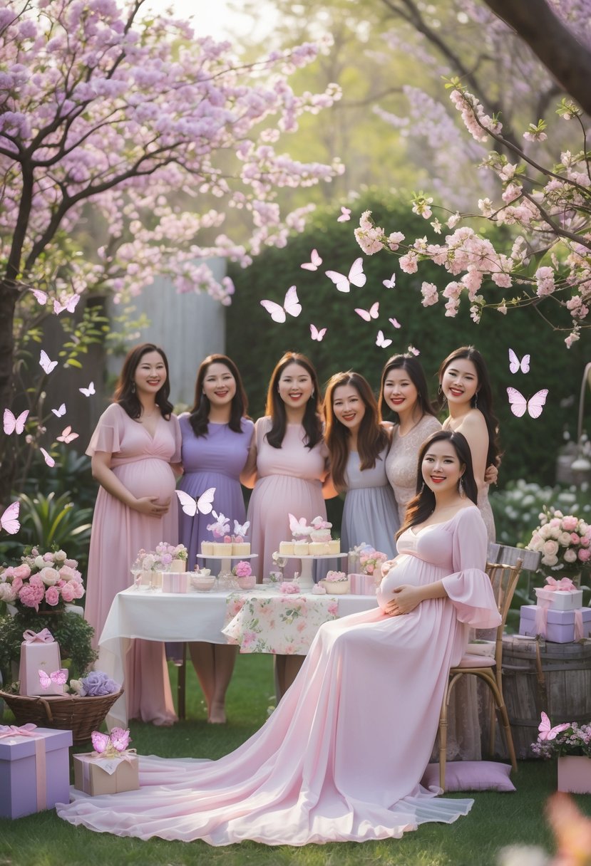 A group of women celebrating a baby shower outdoors surrounded by blooming flowers and butterflies.