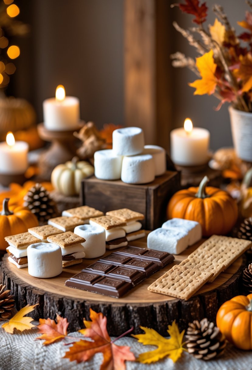 A s'mores station with gourmet marshmallows, chocolate bars, and graham crackers surrounded by fall decorations like pumpkins and leaves.