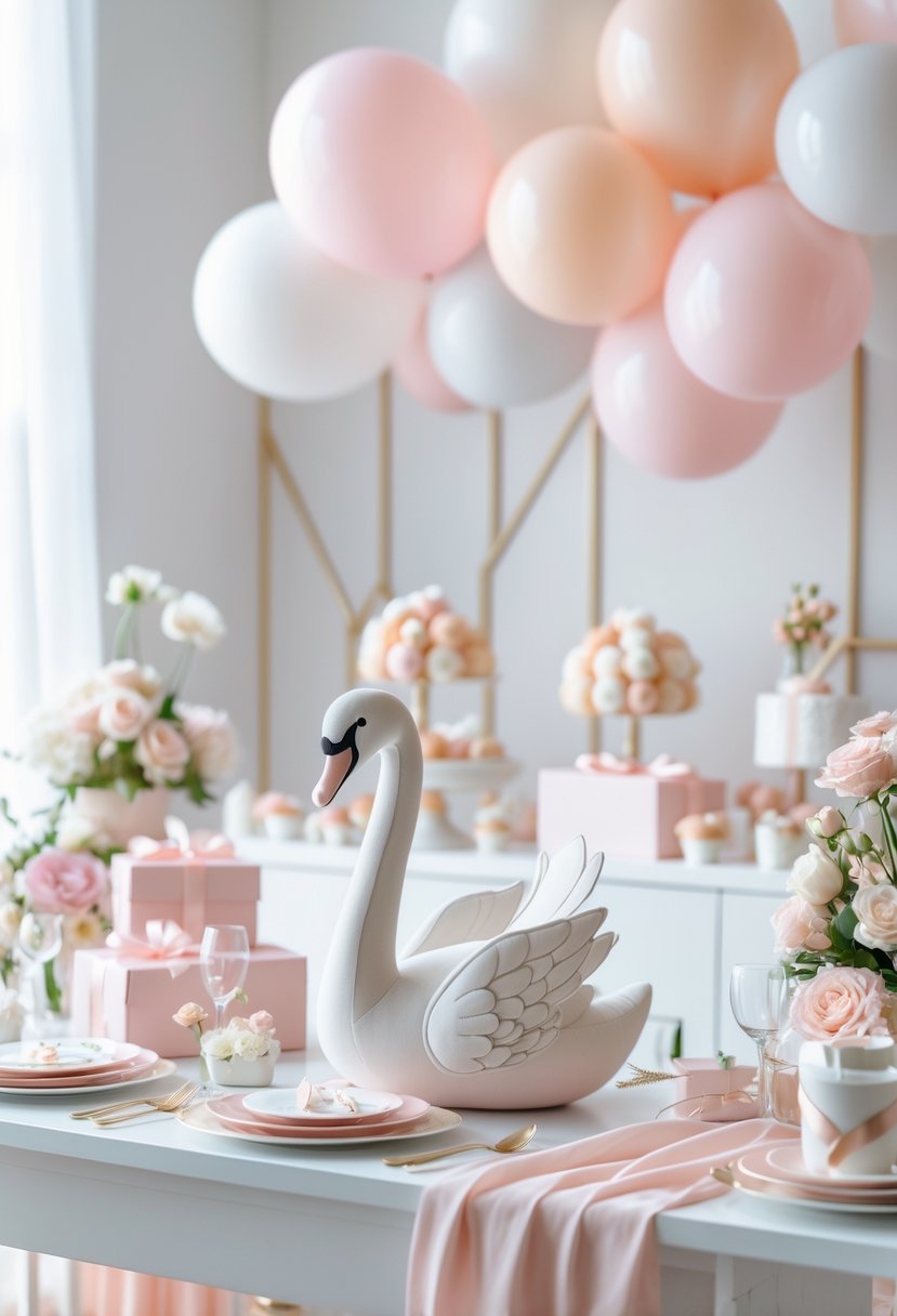 A baby shower scene with a small swan figurine on a decorated table surrounded by balloons, flowers, and gifts.