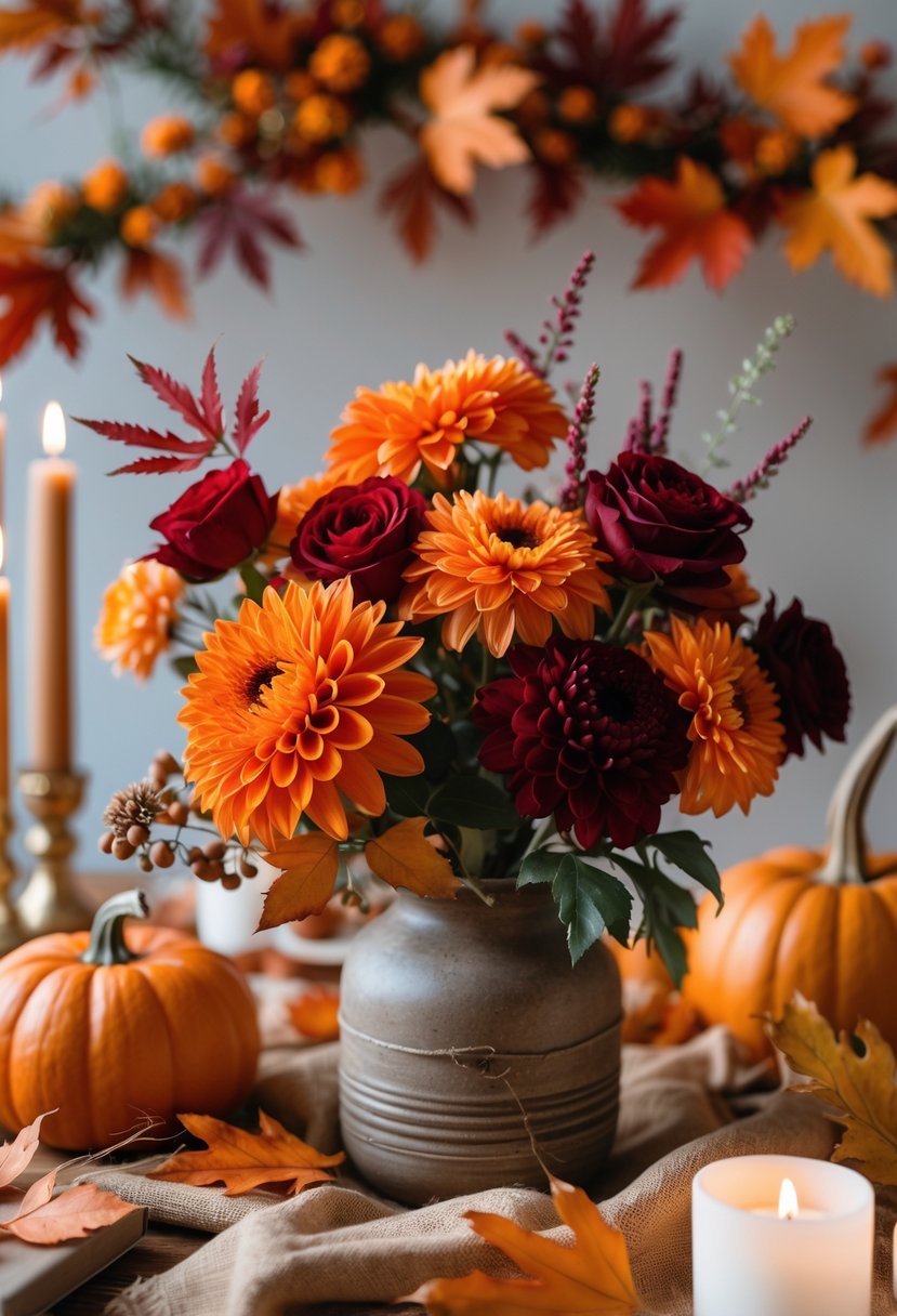 A cozy baby shower table decorated with warm orange and deep red flowers, pumpkins, candles, and autumn leaves.