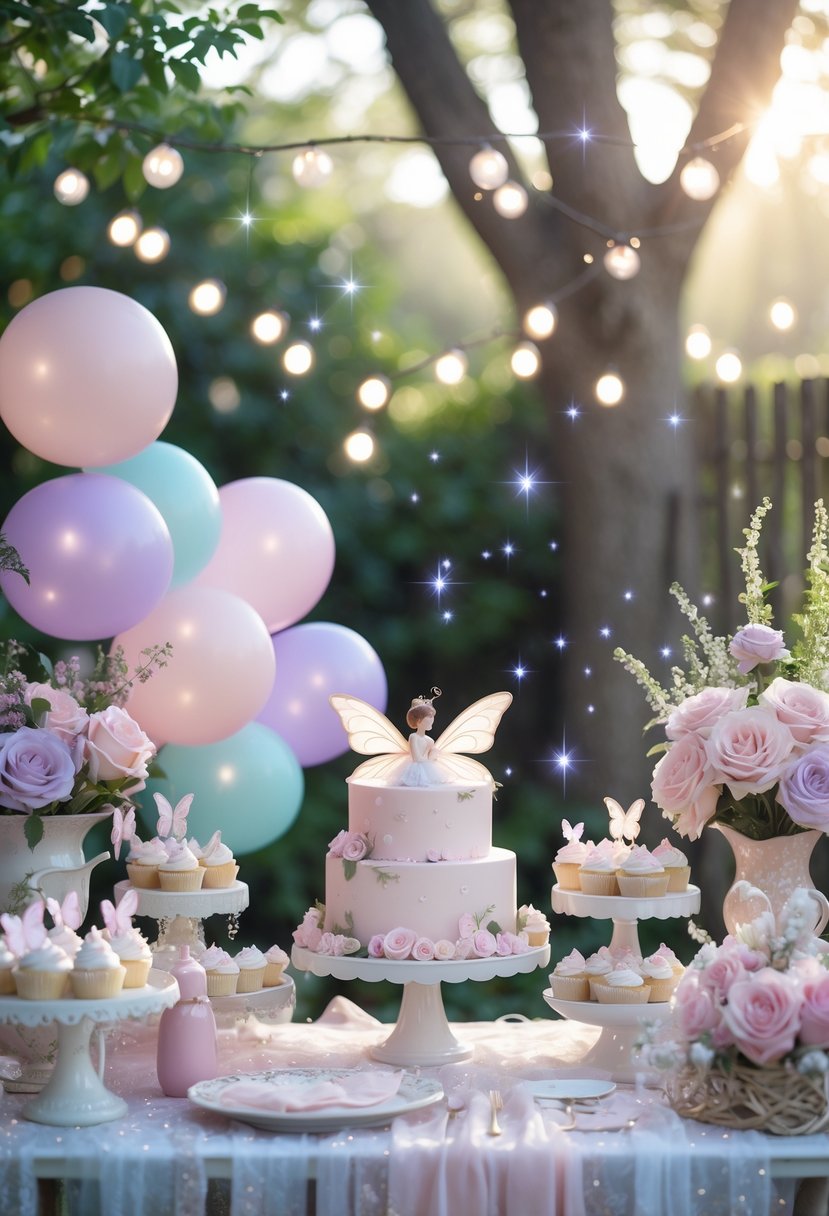 An enchanting garden baby shower setup with pastel decorations, flowers, balloons, and fairy-themed elements creating a magical celebration atmosphere.
