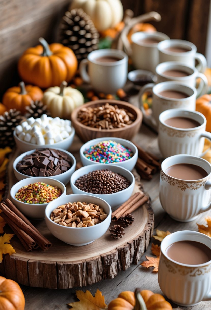 A hot chocolate bar with assorted toppings and mugs arranged on a wooden table decorated with fall-themed items like pumpkins and leaves.