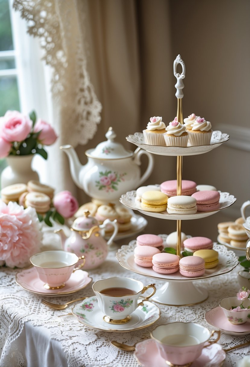 A table set for a baby girl shower with lace tablecloth, delicate china teacups, pastel desserts, and fresh flowers.