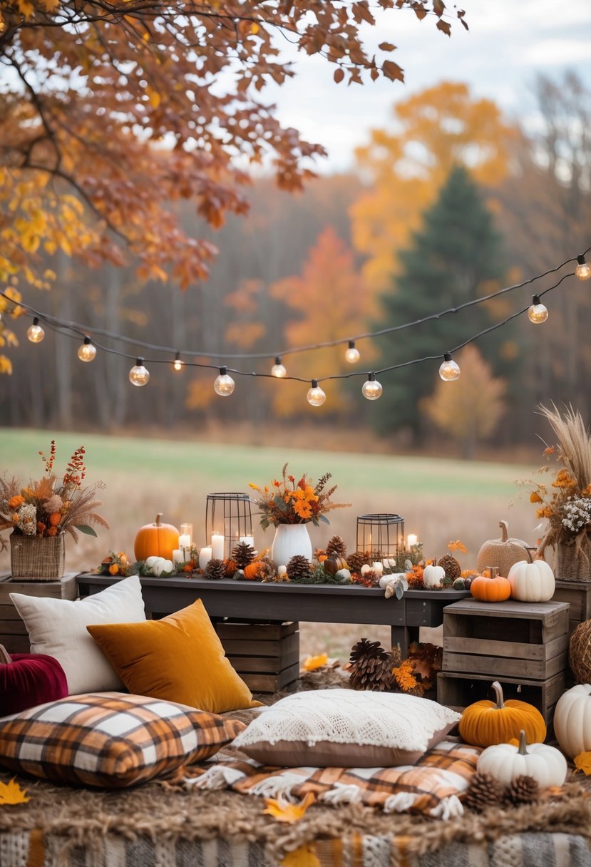 An outdoor plaid blanket seating area decorated with cushions, pumpkins, and fall foliage for a small baby shower gathering.
