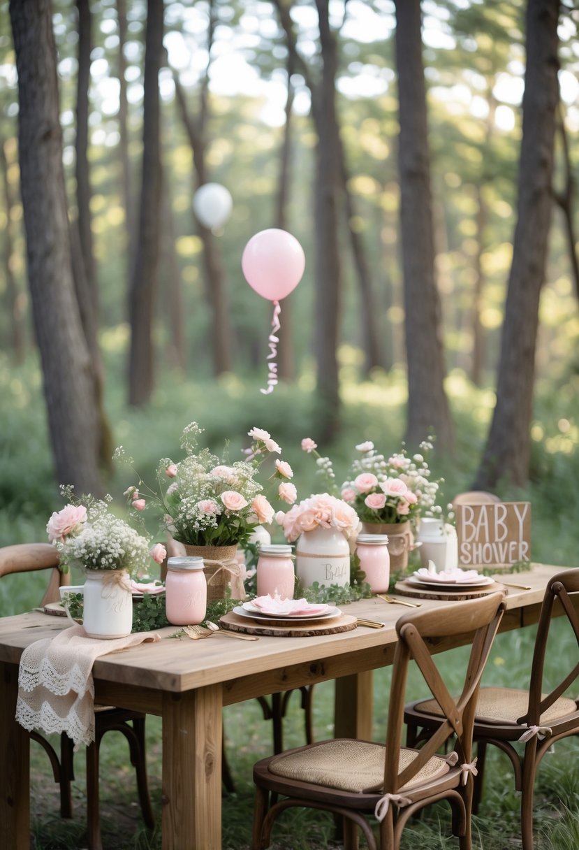 A woodland baby shower setup with wooden furniture, pastel floral arrangements, and soft natural light filtering through trees.
