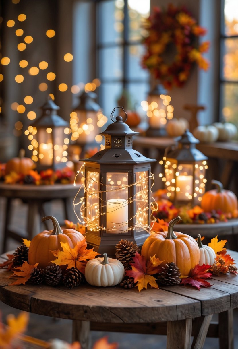 A cozy fall baby shower table with vintage lanterns wrapped in fairy lights, surrounded by pumpkins, pinecones, and colorful autumn leaves.