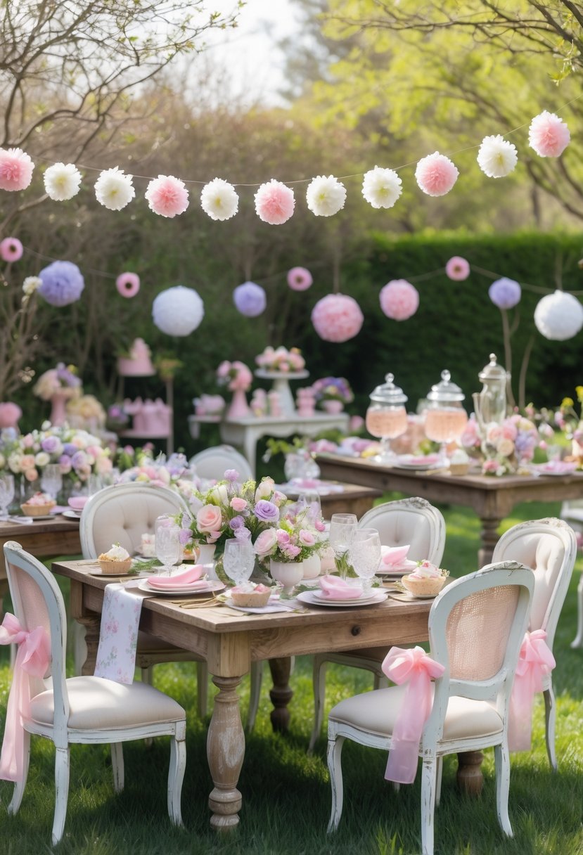 An outdoor garden decorated with pastel flowers and tables set for a baby shower celebration.