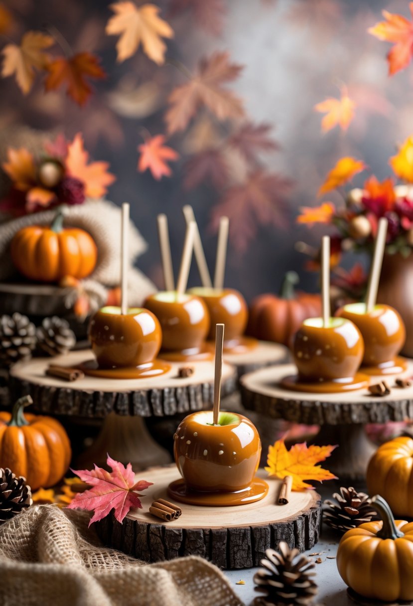 A dessert table with caramel apples, small pumpkins, pinecones, cinnamon sticks, and fall leaves arranged for a cozy fall baby shower.