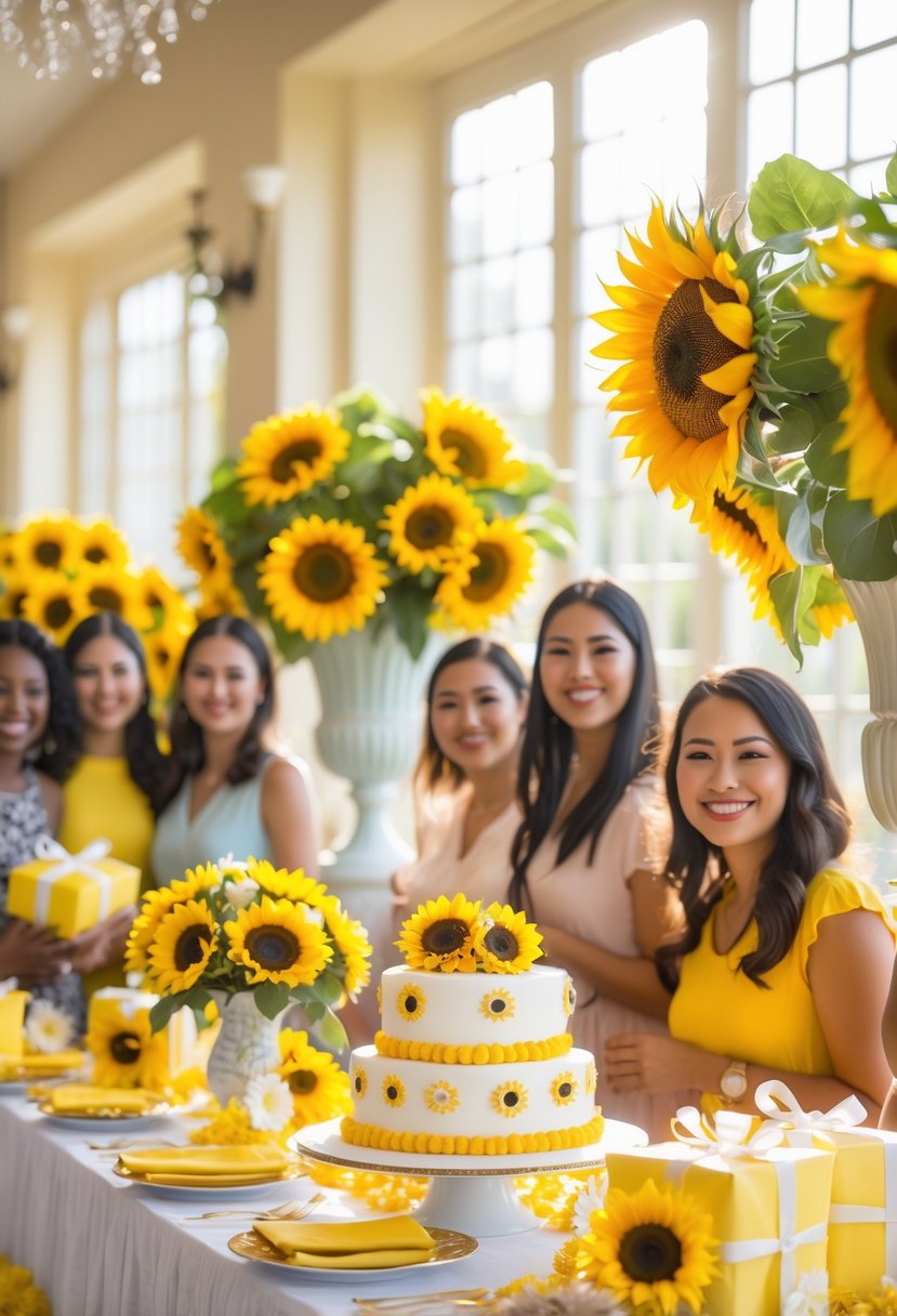 A bright indoor baby shower decorated with sunflowers, yellow and white decorations, and guests celebrating around a table.