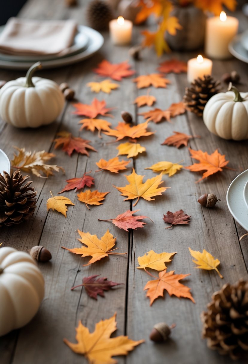 Close-up of colorful autumn leaves scattered on a wooden table with fall-themed baby shower decorations like small pumpkins and candles.