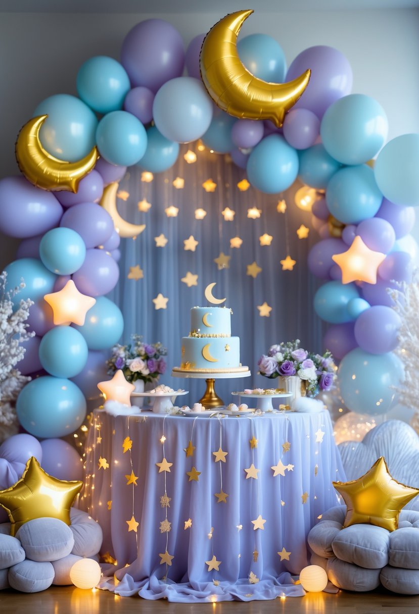 A baby shower decorated with moon and star themed balloons, fairy lights, a cake with moon and star designs, and soft pastel decorations.