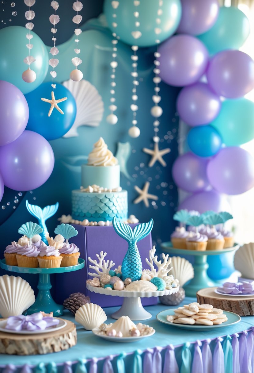 A baby shower scene decorated with blue and purple colors, seashells, balloons, and mermaid-themed treats on a dessert table.