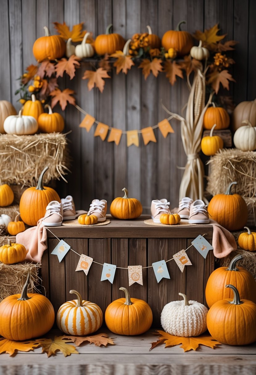 A pumpkin patch photo booth decorated with pumpkins, hay bales, autumn leaves, and fall-themed baby shower props.